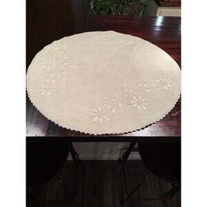 Vintage Hand Embroidered Linen Round Centerpiece Doily 25"-Floral Ecru